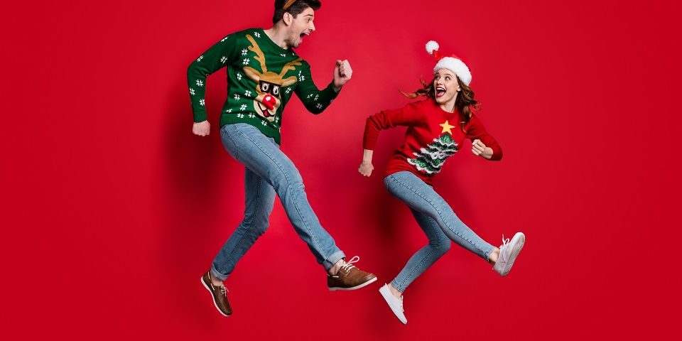 I’m,First!,Full,Body,Photo,Of,Excited,Jumping,Couple,Rushing